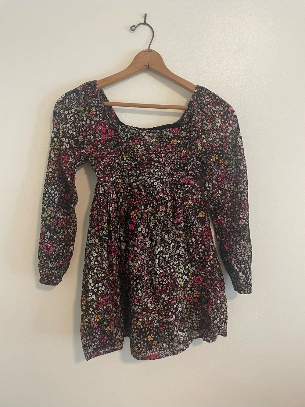 GAP Black Floral Smocked-Waist Long Sleeve Dress